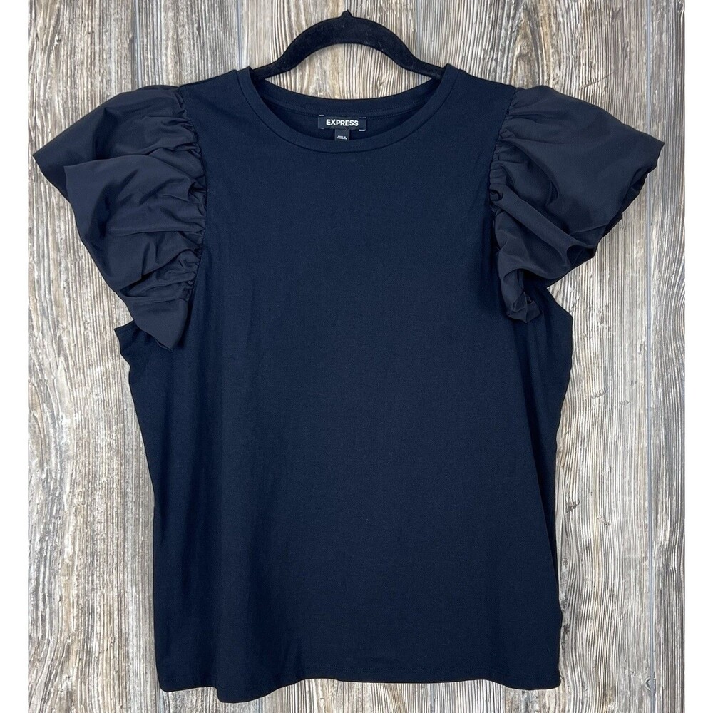 Express Womens L Blouse Black Ruffled Sleeve Top Office Career Chic Feminine